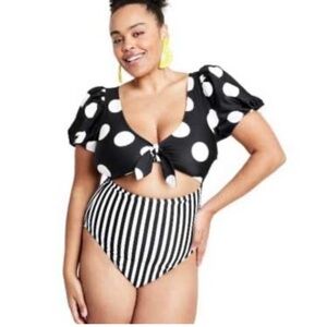 Tabitha Brown for Target Striped/Dot Print Tie-Front One Piece Swimsuit Sz M‎